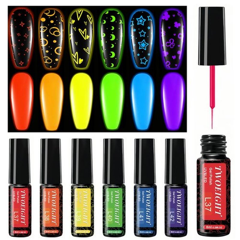 TWOEIGHT Gel Nail Polish Liner Nail Art 6 Colors 8ml Soak off UV Pigmented Built Thin Brush in Bottle Manicure DIY at Home Salon Quality Gift for Women noctilucent Red Orange Yellow Green Blue Purple
