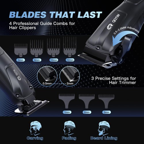 QQTIN Hair Clippers for Men, Cordless Hair Trimmer for Hair Cutting with Long Battery Life, 8500RPM Electric Clippers and Trimmers Set for Self-Haircut and Family Use (Carbon Grey)