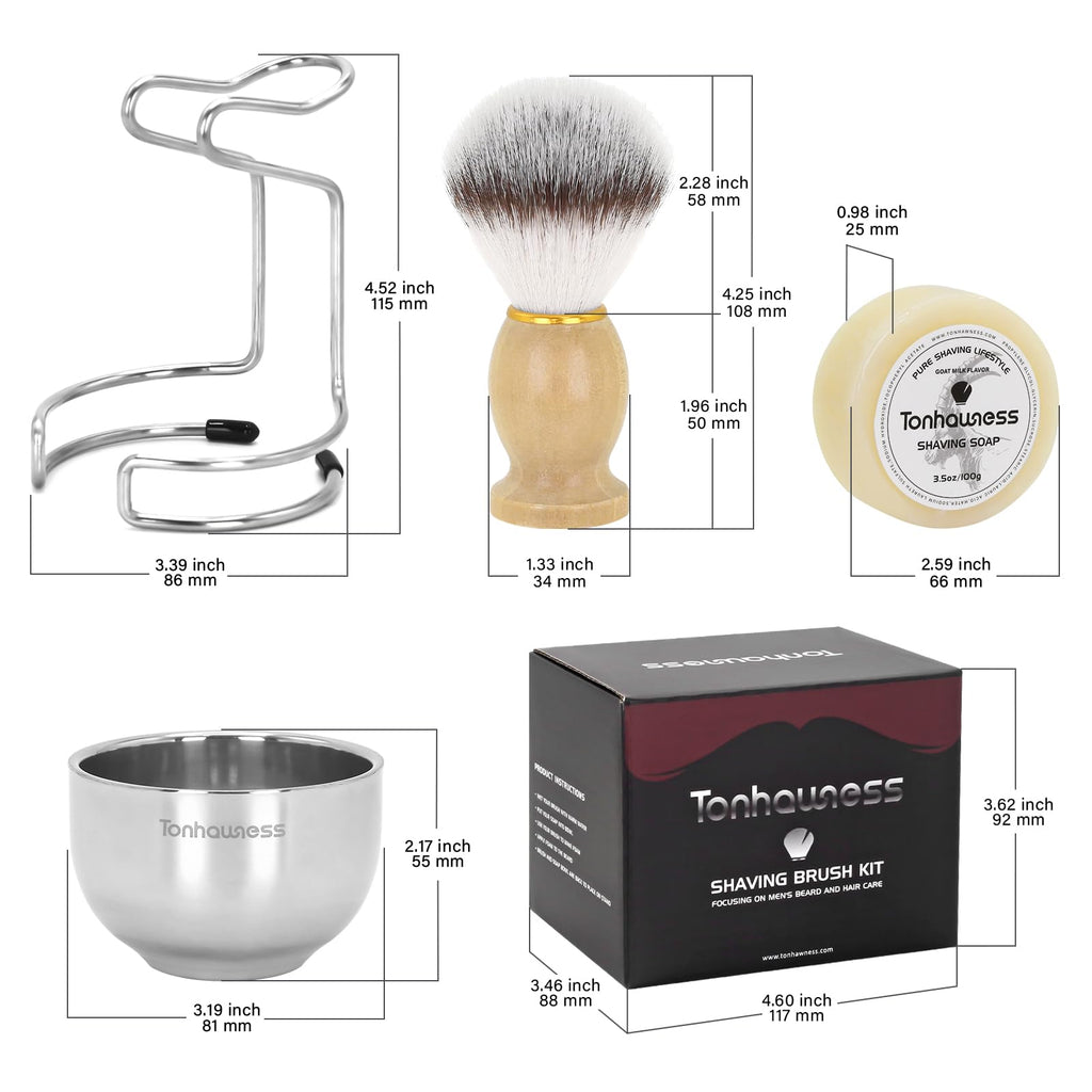 Tonhawness Shaving Brush Kit for Men, 4 in 1 Shaving Brush Set Includes Nylon Shaving Brush, Shaving Soap and Stainless Steel Shaving Bowl & Stand for Men’s Wet Shave Gift