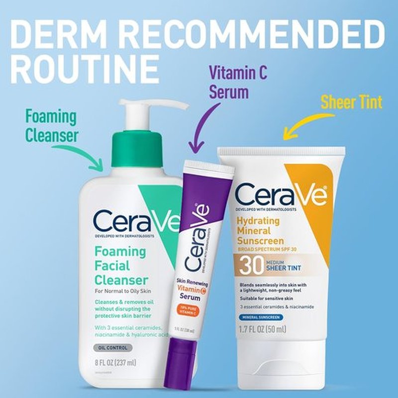 CeraVe Hydrating Mineral Sunscreen SPF 30 - Tinted Zinc Oxide Formula for a Healthy Glow, 1.7 Oz