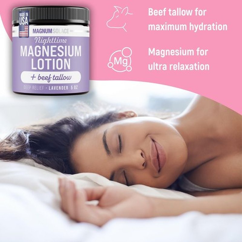 Magnum Solace Nighttime Magnesium Lotion with Beef Tallow – Soothing Relief for Muscles & Joints – Highly Concentrated – Apply to Legs or Feet Before Bed, Lavender