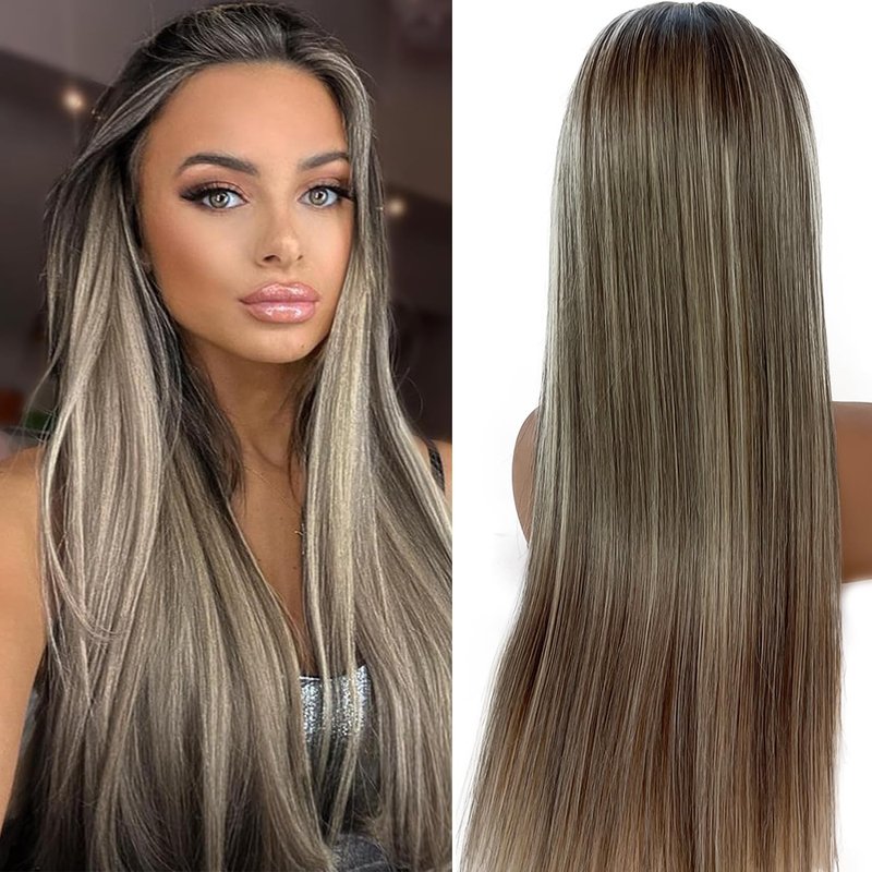 Valiilo 13x6 HD Lace Front Wig Human Hair Ombre Highlight Ash Blonde 180% Density Colored Straight Wig for Women Glueless Lace Frontal Wig Pre Plucked Dark Brown Roots Human Hair Wig 18 Inch