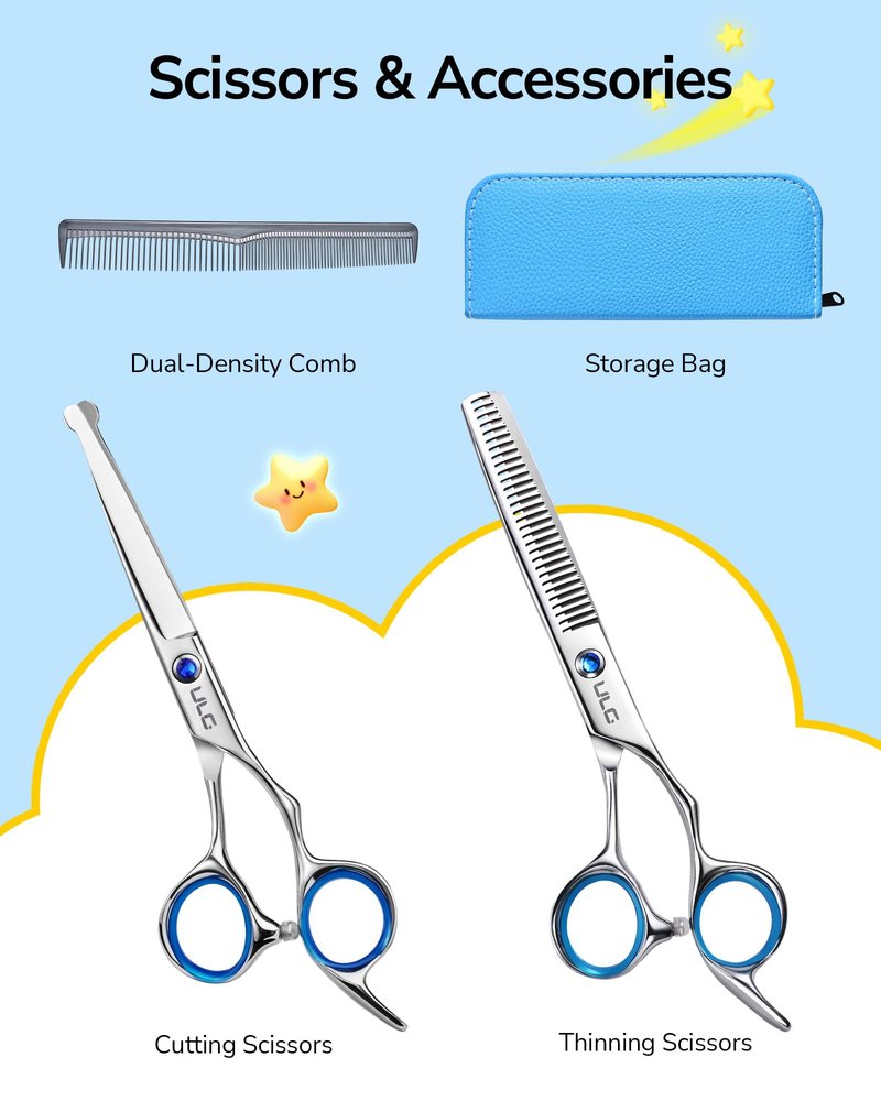ULG Hair Cutting Scissors for Kids, Safety Round Tip Baby Hair Cutting Kit, Haircut Scissors Set with Thinning and Cutting Shears, Comb & Storage Bag, 6.5” Hair Shears Set for Children, Toddlers, Pets