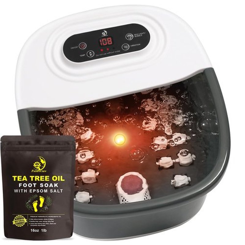 Foot Spa Bath Massager with Heat Bubbles and Vibration Massage and Jets, 16 OZ Tea Tree Oil Foot Soak Epsom Salt, Foot Soaker with Red Light, 22 Massage Rollers, Adjustable Temp -Black