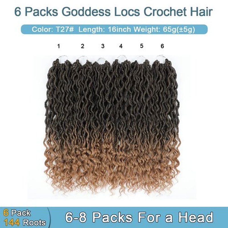 Goddess Locs Crochet Hair - 6 Packs 16 Inch Curly Faux Crochet Hair for Black Women, Crochet Pre-Looped Curly Hair Soft Faux Locs Synthetic Braiding Hair Extensions (16 Inch, 6 Packs, T27#)