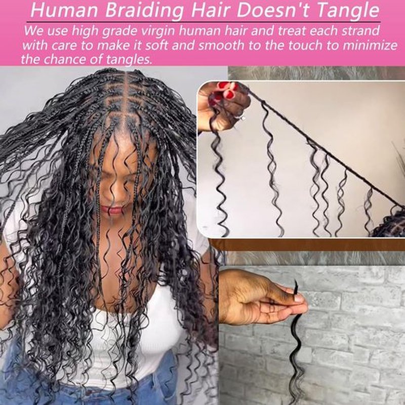 Human Braiding Hair for Boho Braids 100% Virgin Human Hair Curly Knotless 12A Deep Wave Bulk Bohemian Braiding Hair Extensions #1B Natural Black 18 Inch 100g