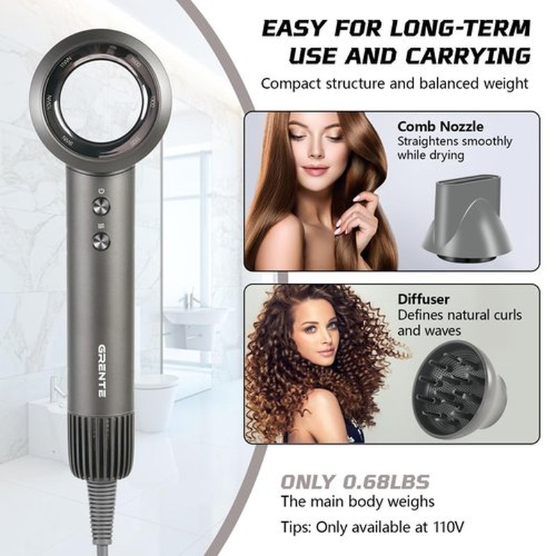 Grente High Speed Hair Dryer - 110,000 RPM Brushless Motor 1500W, 3 Speeds & 4 Heat Settings with Concentrator Nozzle, Thermostatic Hair Protection, Lightweight Quiet, Unisex Grey