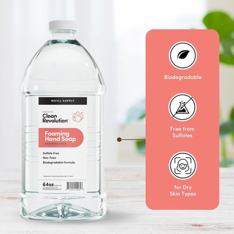 Clean Revolution Foaming Hand Soap - Gentle & Moisturizing Formula with Real Essential Oils | Geranium Mint, 64 Fl Oz
