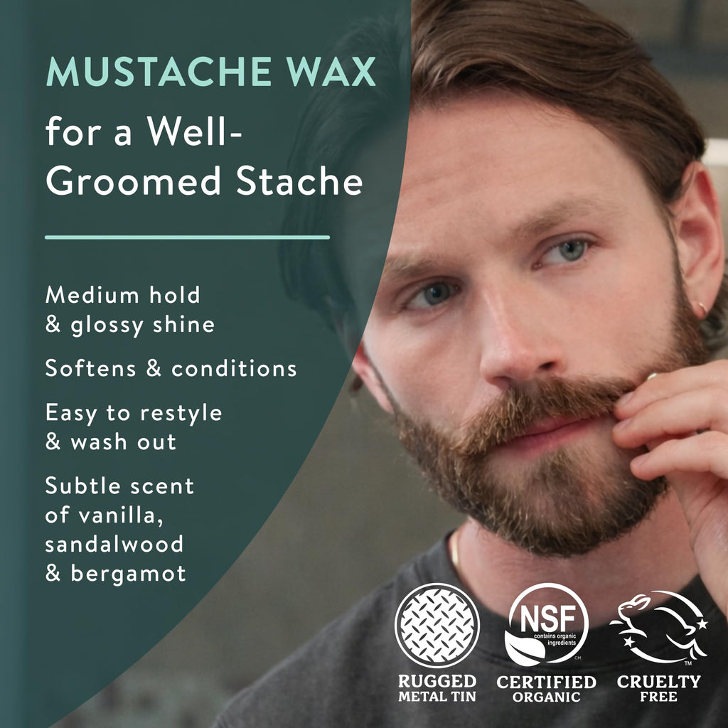 Badger Mustache Wax, Medium Hold, Light Masculine Scent, Easy to Apply, Certified Organic Versatile Moustache & Beard Wax, .75 oz Tin