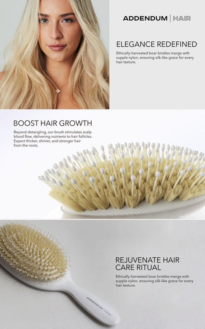 Luxury Hair Brush for Dry Hair – Boar Bristle & Soft Ballpoint Tip | Detangler Brush for Shine, Texture & Frizz Control – Addendum Hair Professional Salon Tool (White)