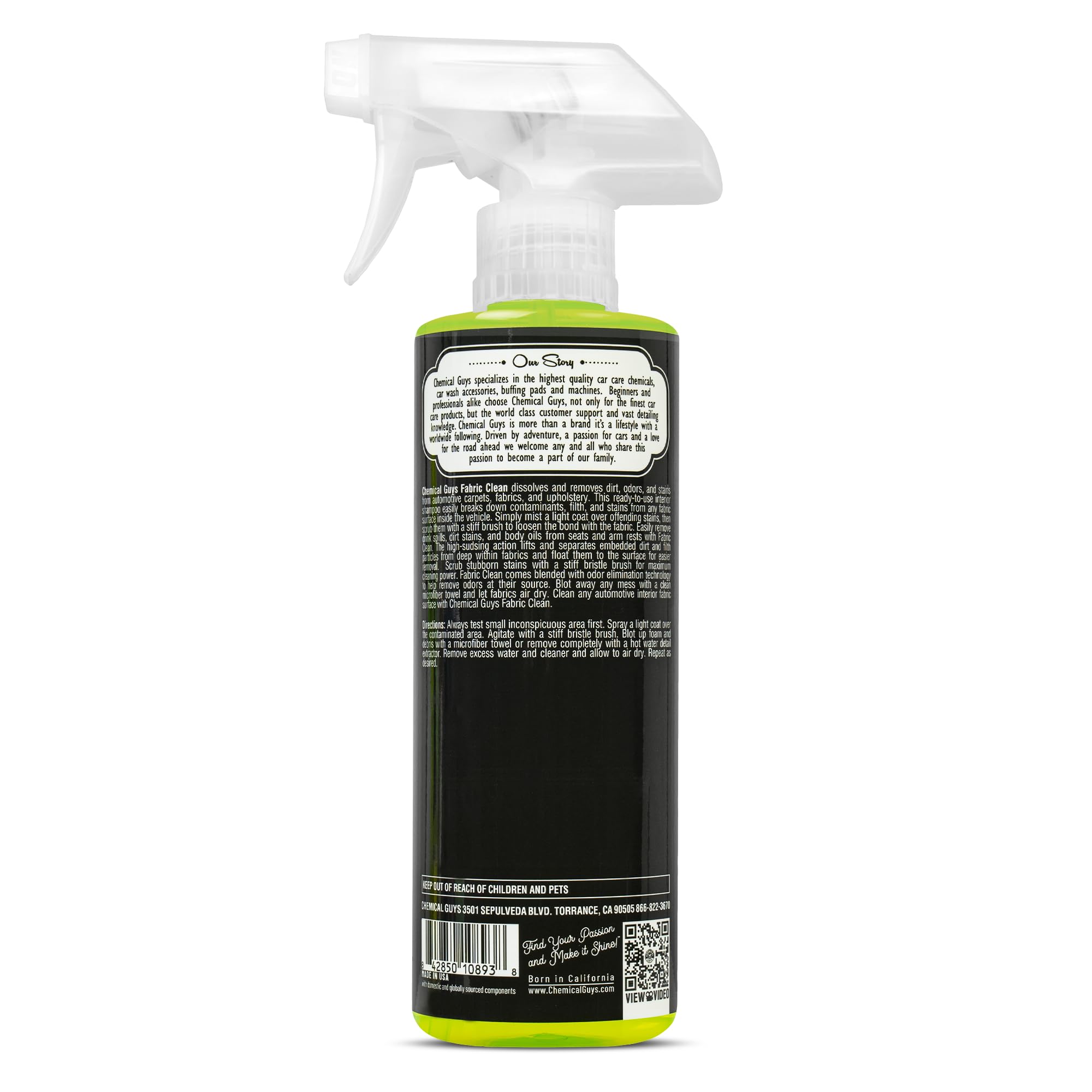 Chemical Guys Foaming Citrus Fabric Clean Carpet & Upholstery Cleaner - Car Carpet Cleaner Spray for Seats and Floor Mats, Removes Stains &Odors, Safe for Cars, Home and Office, 16 oz Citrus Scent