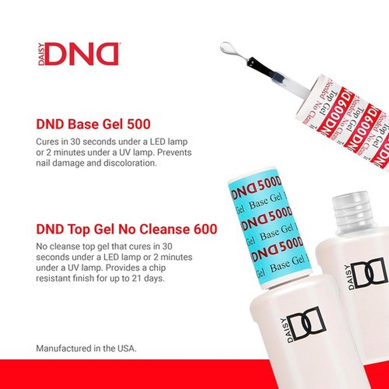 DND Gel Polish Set - Base & Top Coat Duo for UV/LED - Professional No Cleanse Finish, 0.5 Fl Oz Each