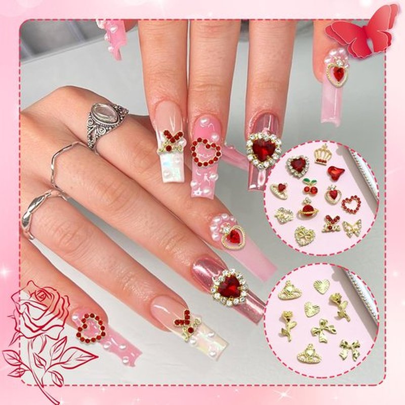 RODAKY 52PCS Valentines Nail Charms Red Heart Cherry Gems for Nails Metal Gold Butterfly Bows Roses Charms Jewelry Nail Art Accessories Supplies for Manicure DIY Design