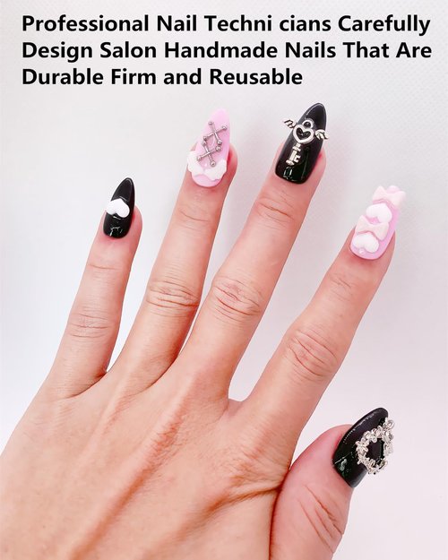 CAMILCY Press on Nails Handmade Nails Luxury Reusable Fake Nails For Girls Short Almond Armor Black Pink Diamonds HandPainted Salon Loveful Design Acrylic Gel UV Finished For Women 3D Nails 10PCS M