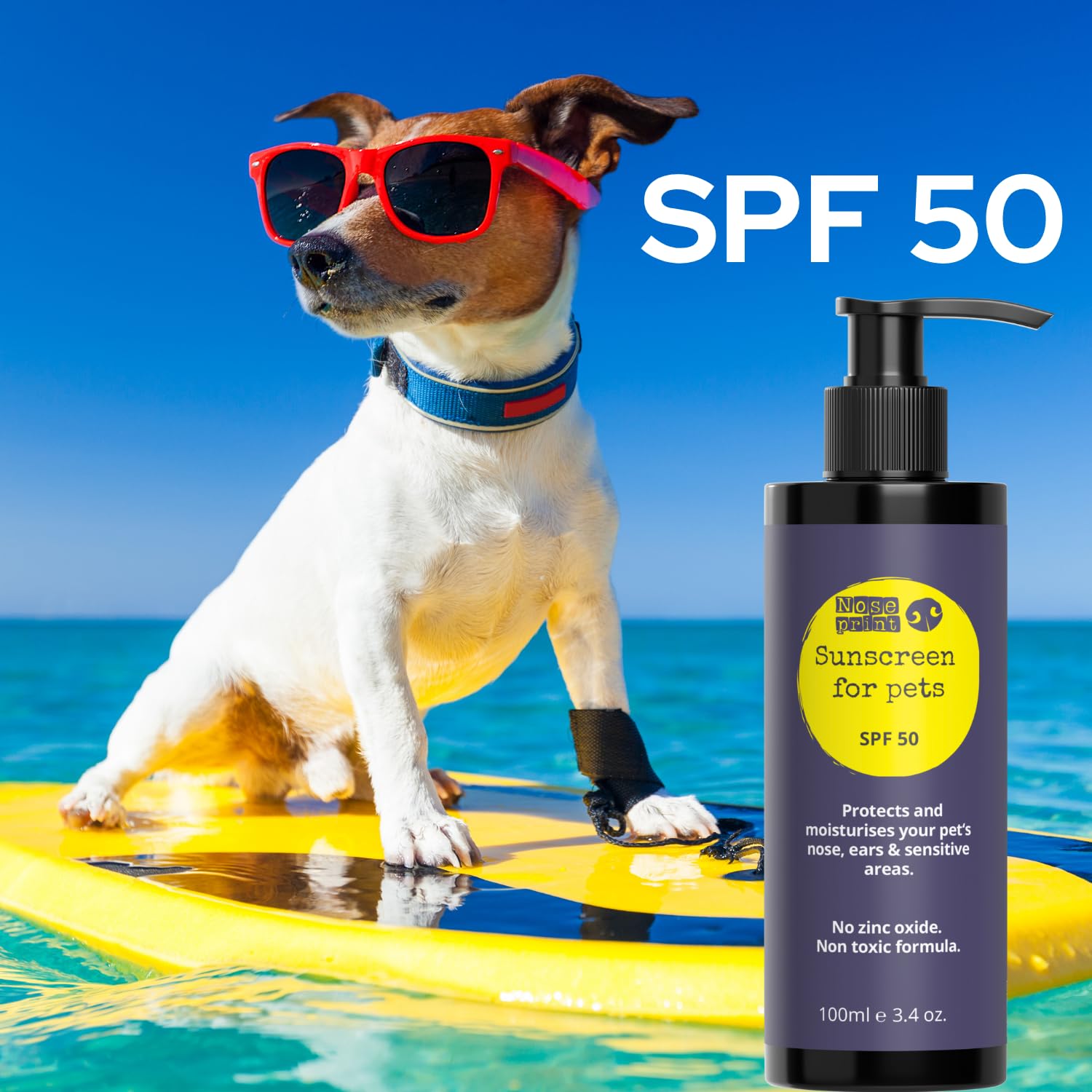 Noseprint SPF 50 Pet Sunscreen Lotion Bottle with Pump Sun Protection for Pets 100 ML | Moisturising Sunscreen for Dogs and Cat Non-Toxic Formula Dog Nose | Dog Paw Balm Sun Cream Balm