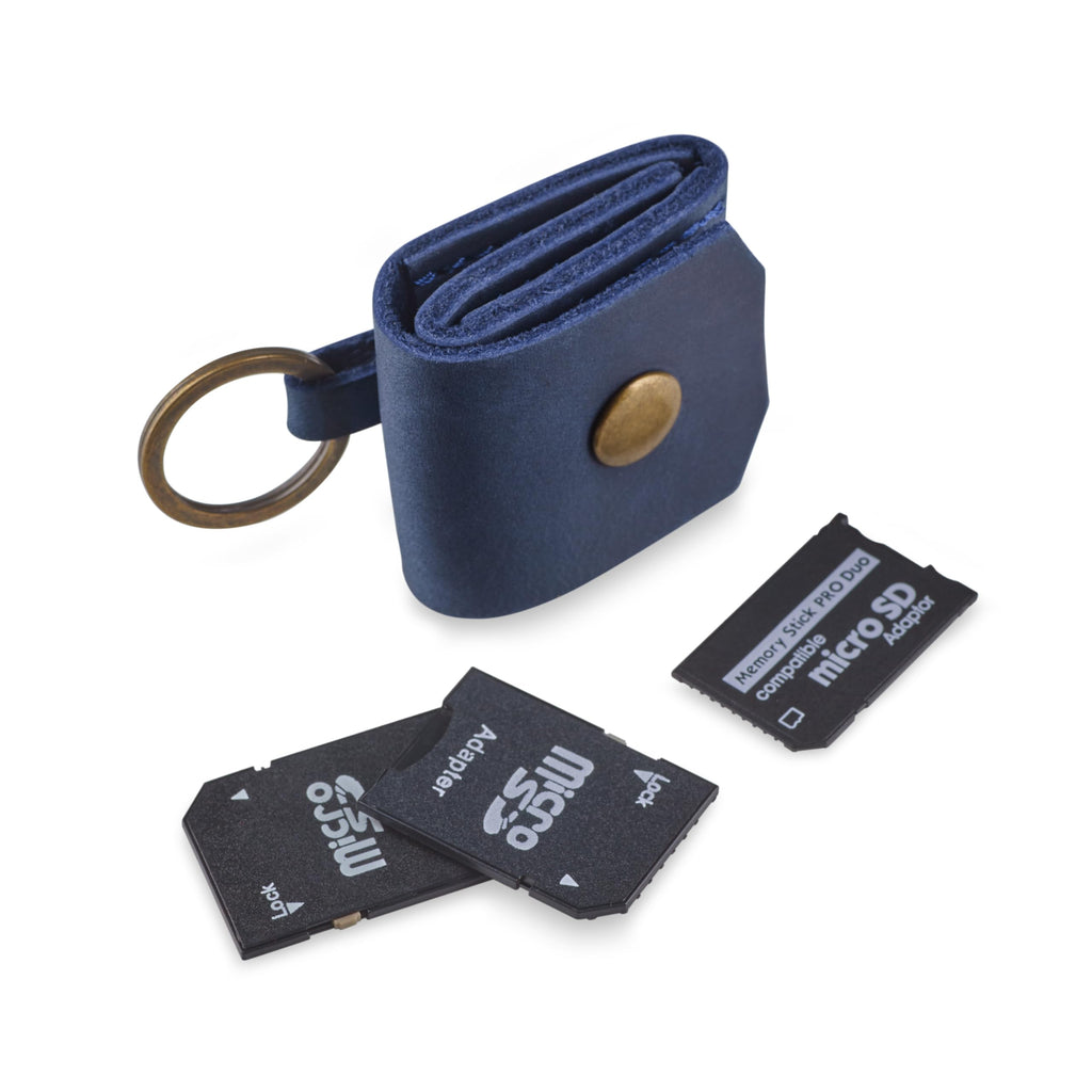 Leather SD Card Holder Keychain, SD Card Case Key Fob, Micro SD Card Holder Organizer, SD Card Storage Case, Memory Card Case Cover, Travel Memory Card Case (Blue)