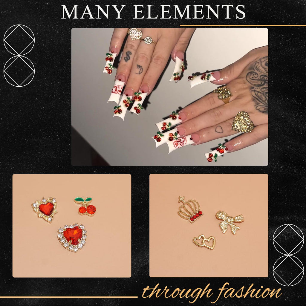 YAEISM Gold Nail Charms 100pcs - 7 Styles Red Bow, Crystal Cherry, Heart, Sparkly Crown, Bowknot Art Gems Rhinestones for Women and Girls