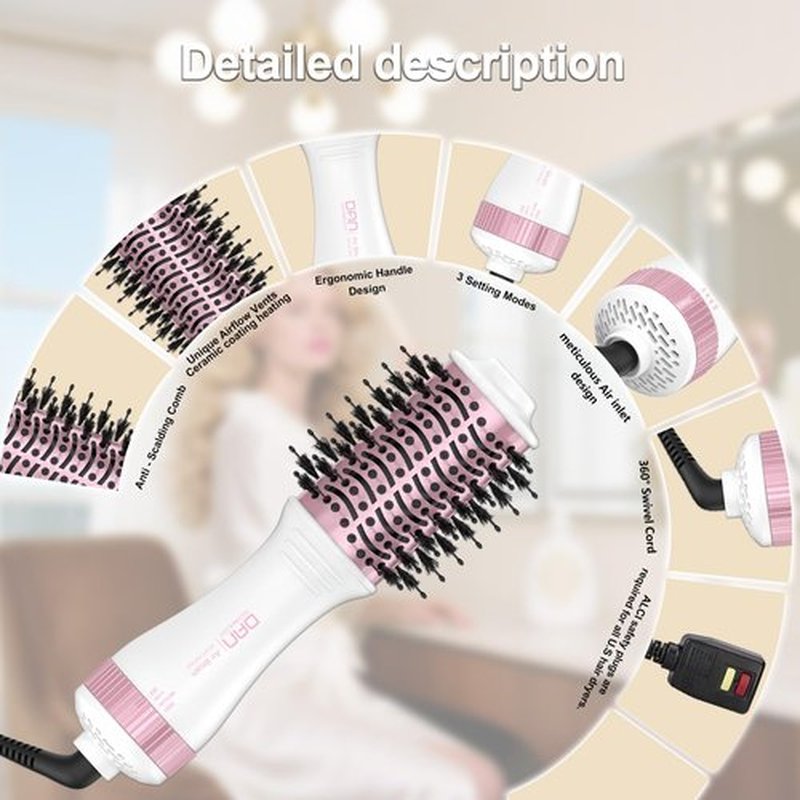 DAN Auto Dual Voltage Hair Dryer Brush(100V-240V),Travel Hair Dryer Brush with Multi-Function Plug Adapter,One Step Blow Dryer Brush and Styler Volumizer