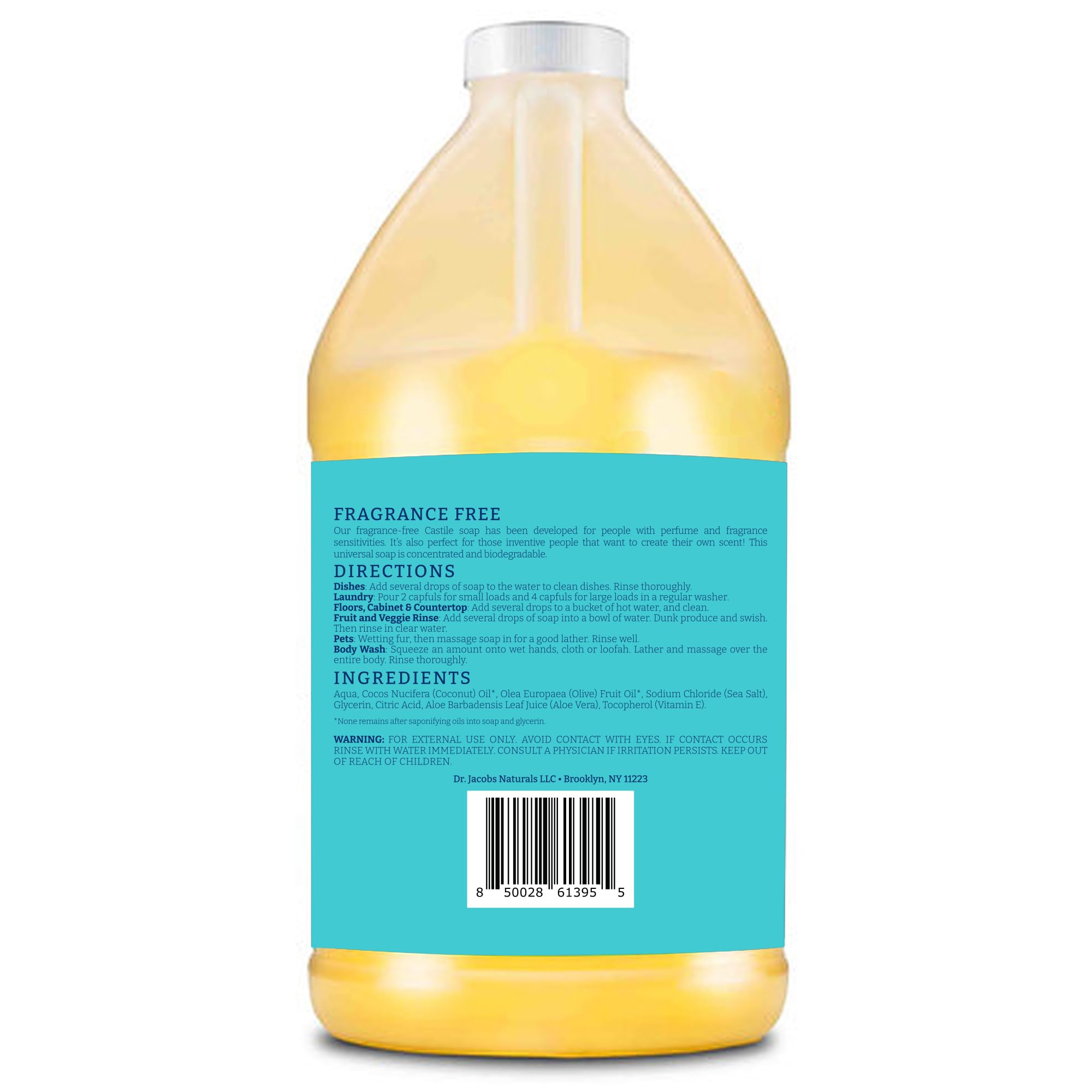 Dr. Jacobs Naturals Pure Castile Soap, 64 oz Value Size - Unscented - Made in USA - All-in-One Plant-Based Multipurpose Cleaner for Floors, Counters, Dishes & Laundry, Gentle on Skin, Biodegradable