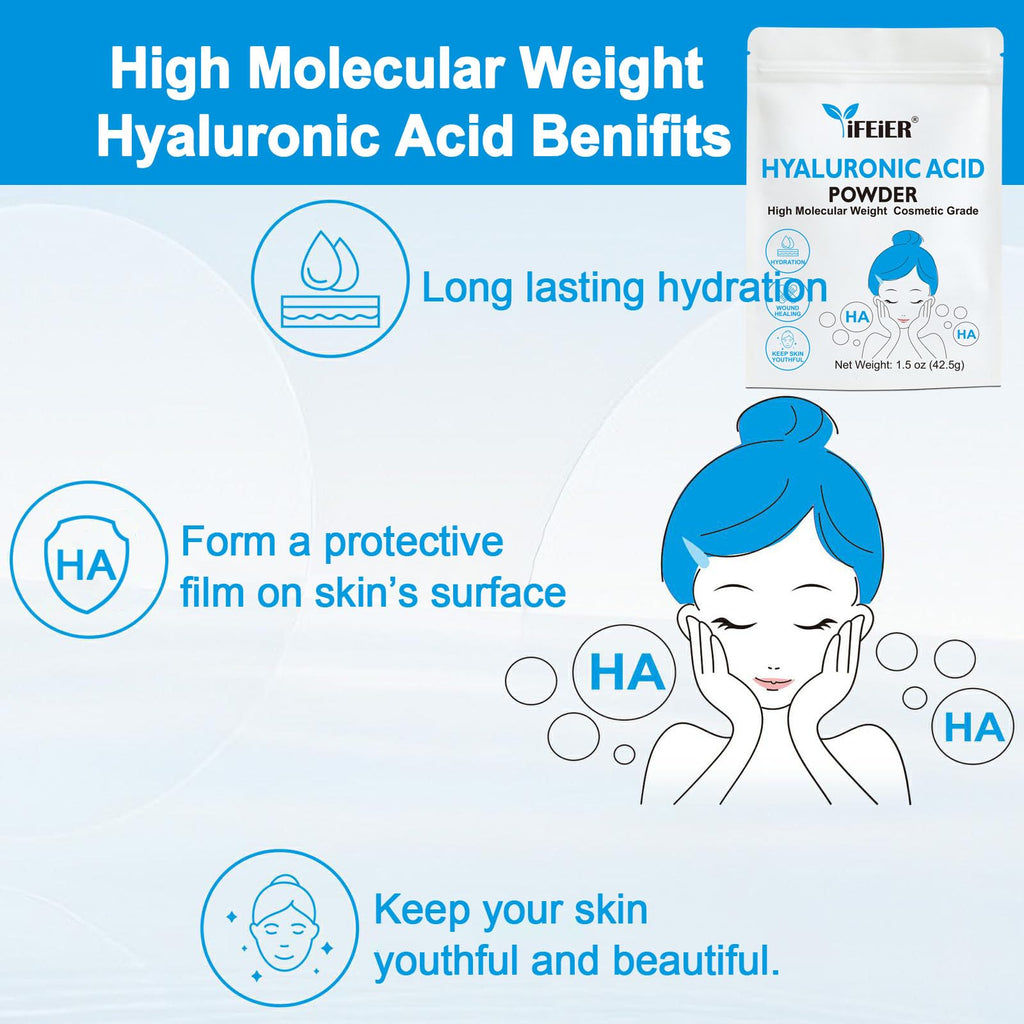 iFEiER Hyaluronic Acid Powder | High Molecular Weight Hyaluronic Acid Serum Powder | 1.5oz(42.5g) Cosmetics Grade | Sodium Hyaluronate | LMW HMW HA ingredient to make gel for DIY Serums