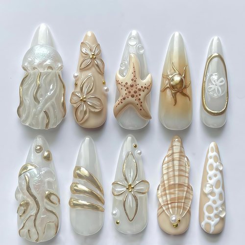 30Pcs French Tip Press on Nails Long Almond Fake Nails with Beach Starfish Shell Ocean Jellyfish Flower Embossed Pattern Rhinestones Nails Design Full Cover Cute False Nail Stick on Nail for Women