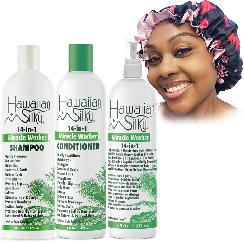 Zomac Satin Bonnet with 14 in 1 Miracle Worker Hair Moisturizer, Shampoo, and Conditioner Gift Set. Includes Gift Bag. Pamper Yourself or a Friend (Hearts)