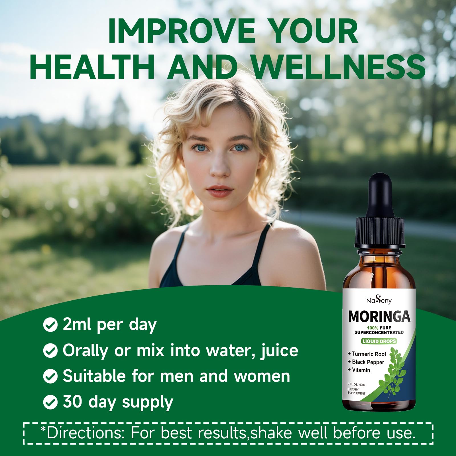 NaSeny Organic Moringa Oleifera Liquid Drops, 1000mg Moringa Leaf Extract w. Turmeric, Black Pepper, Moringa Supplement for Energy, Antioxidant, Joint & Gut, Fast Absorption, Vegan, Non-GMO, 2 Fl Oz