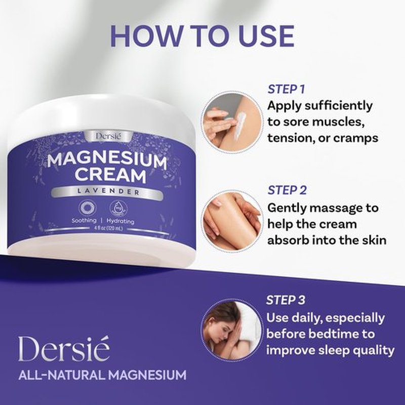 Dersie Magnesium Cream for Sleep & Leg Cramps – Total Relief Magnesium Cream with Lavender, Grape & Camellia Seed Oil – Hydrating & Soothing Body Cream for Men, Women & Kids (4 fl oz)