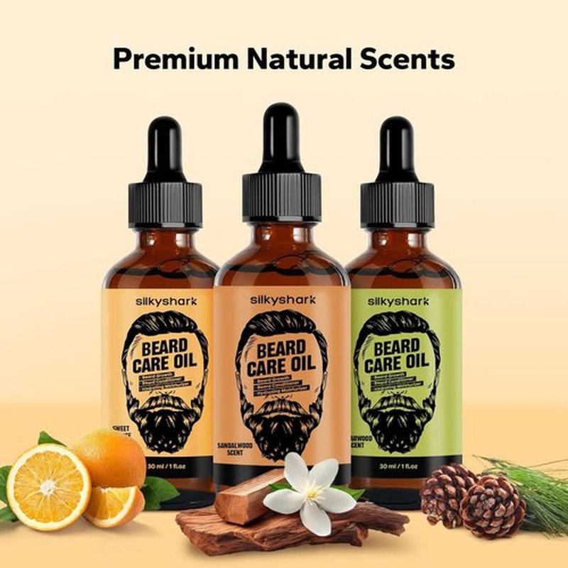 SilkyShark Beard Oil - 3 Pack (90ml) | Hydrating Growth & Conditioning Oil for Men - Sandalwood, Cedarwood, Sweet Orange Scents