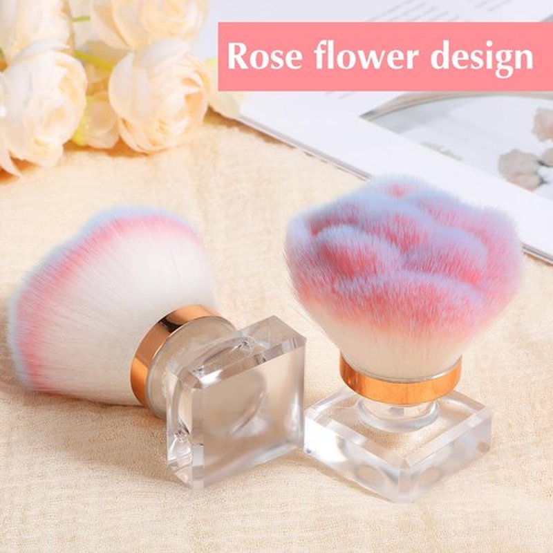 Ptwola 2 Pcs Nail Dust Brush Nail Art Dust Powder Remover Brush Soft Kabuki Cleaner Brush Nail Supplies for Acrylic Application and Makeup (Pink Rose Design)