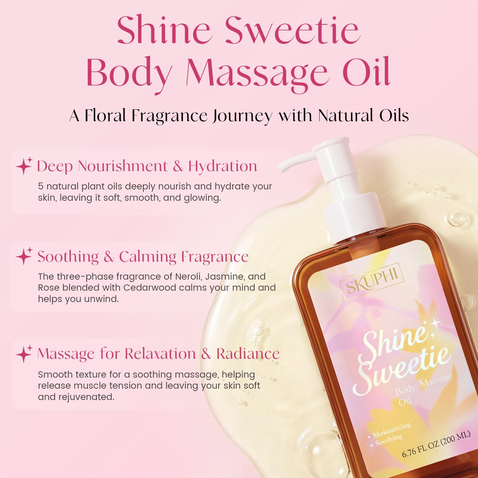 SKUPHI Body Oil for Massage, Lightweight Non Greasy Massage Oil for Relaxation & After Shower, Smooth Glide 6.76 Fl Oz (Floral)
