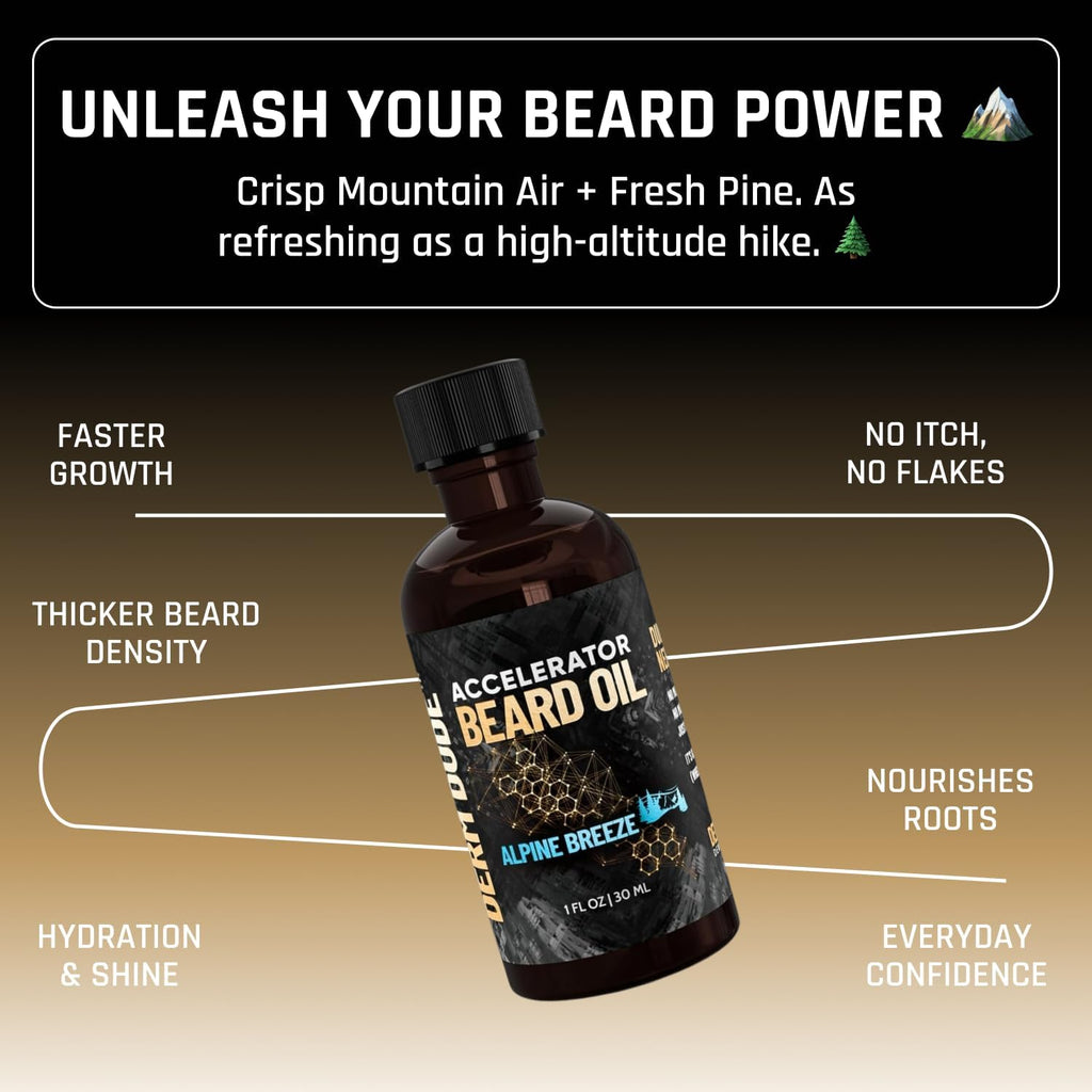 Derm Dude Accelerator Beard Growth Oil for Men | With Castor Oil & Jojoba Oil for Hair Growth | Promotes Thicker Fuller Beard | Hydrate & Soften Facial Hair, Non-Greasy - Alpine Breeze 1oz