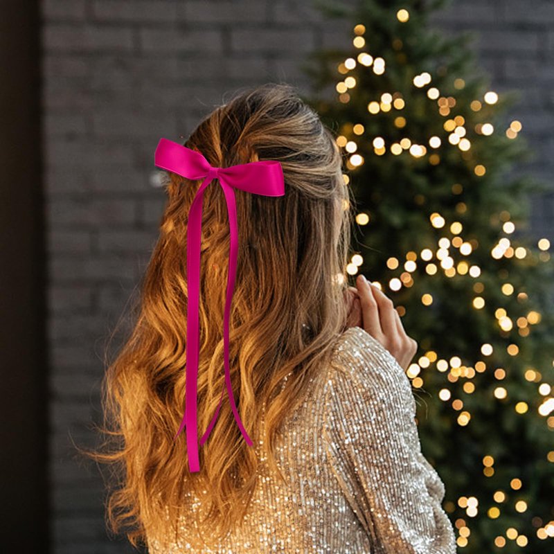 WHAVEL 6PCS Pink Hair Bows for Women, Pink Ribbon Hair Clips with Long Tail Silky Satin Bow Clips Cute Hair Accessories
