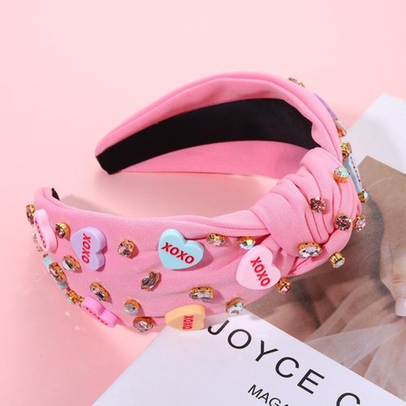 2PCS Valentine’s Day Headband for Women Conversation Heart Headband Rhinestone Crystal Jeweled Red Pink Knotted Headbands Love XOXO Hairbands Valentine’s Day Hair Accessories (2PCS Valentine's 2)