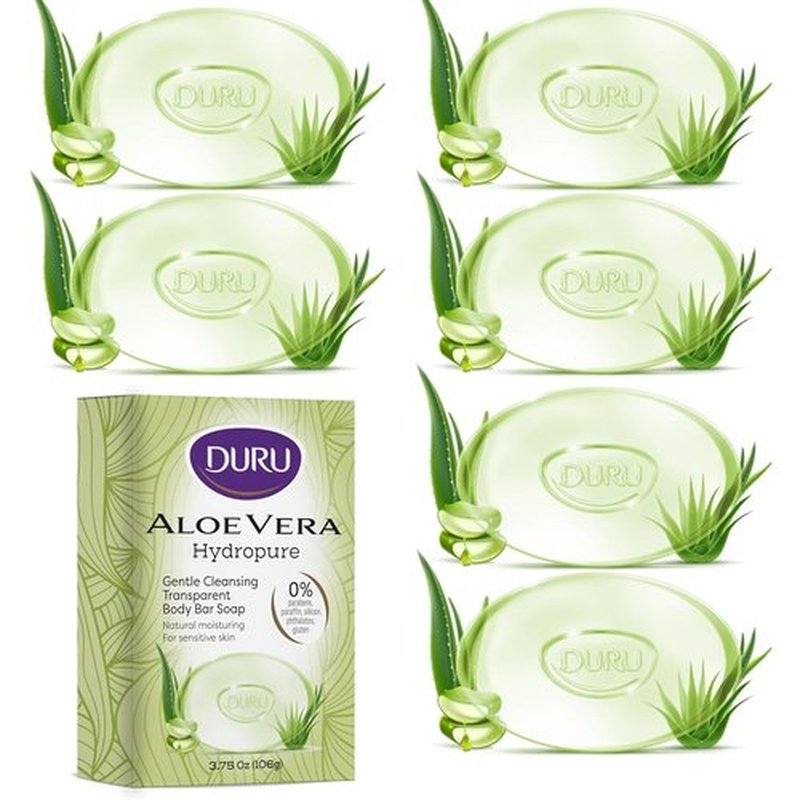 Duru Aloe Vera Glycerin Bar Soap Cleansing Bar Moisturizing Sensitive Skin - Vegan Transparent Paraben Free Alcohol Free Silicone Free Phthalete Free Gluten Free Body Wash - Pack of 6
