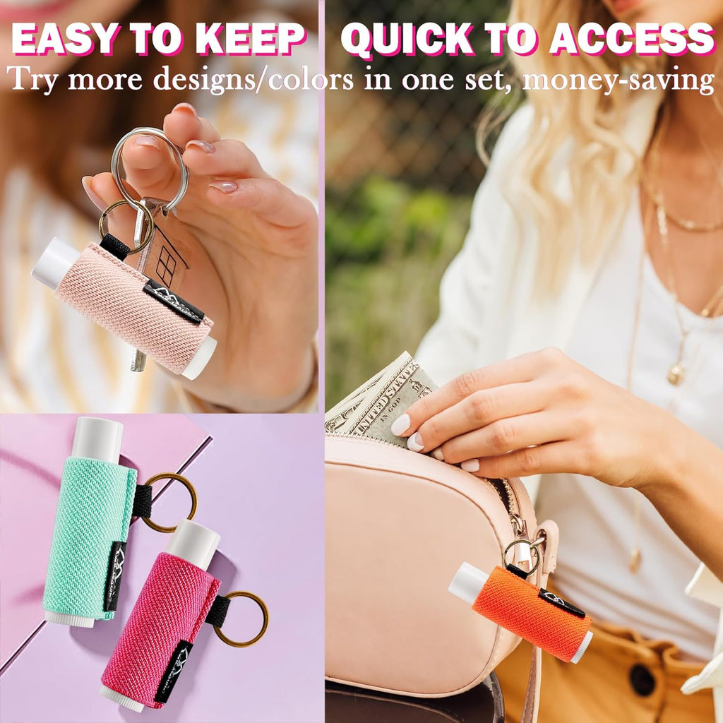 WK IEASON - Lip Balm Holder Keychain | Elastic Clip-On Sleeve for Lipstick & Chapstick - Pink/Grey/Beige