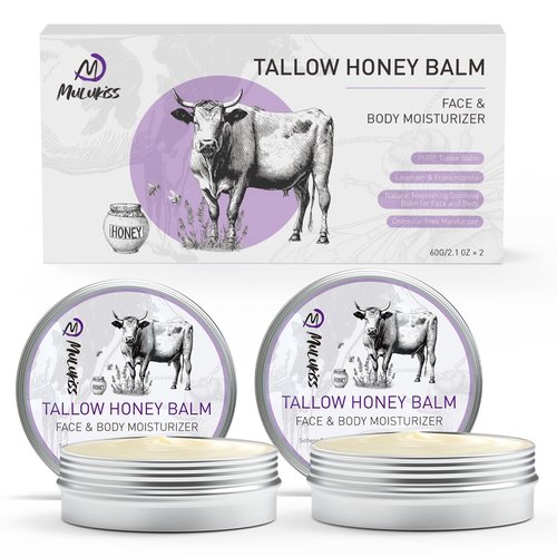 Mulukiss Beef Tallow for Skin – 2 Pcs Grass-Fed Tallow and Raw Honey Balm with Lavender Essential Oil, Natural Tallow Face Moisturizer & Beef Tallow for Face, Nourishing Hydrating Balm