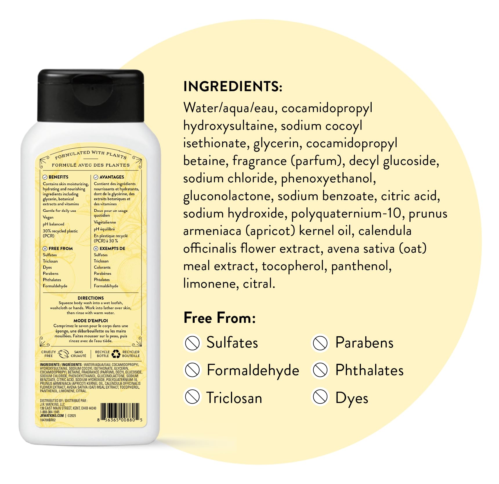J.R. Watkins Body Wash Lemon Cream, 18 fl oz, 2 Pack