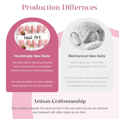 Handmade Press on Nails Duck Bill Shape, 3D Luxury Rhinestone Cherry Pearl Floral Acrylic Fake Nails, Full Cover Thickened False Nails for Women DIY Nail Art (M)