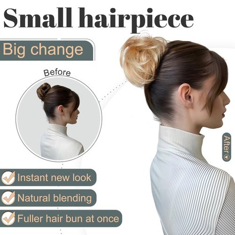 Hairro Messy Bun Hair Piece Real Remy Human Hair Straight Highlight Balayage Piano Color Ponytail Scrunchies Updo Elastic Wrap On Chignon 30g #12RP613R Golden Brown Mix Bleach Blonde