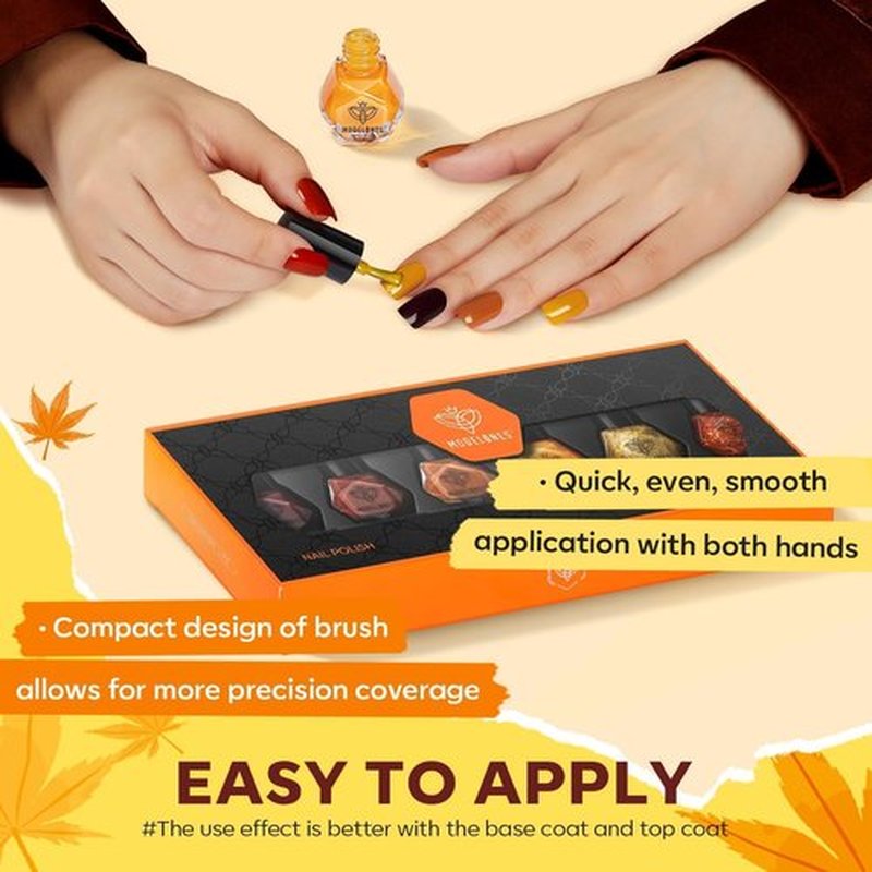 modelones Fall Nail Polish Set, 6 Colors Orange Yellow Red Brown Gold Glitter Quick Dry Remover Manicure Nail Kit Art Manicure DIY Home Salon Gift for Women