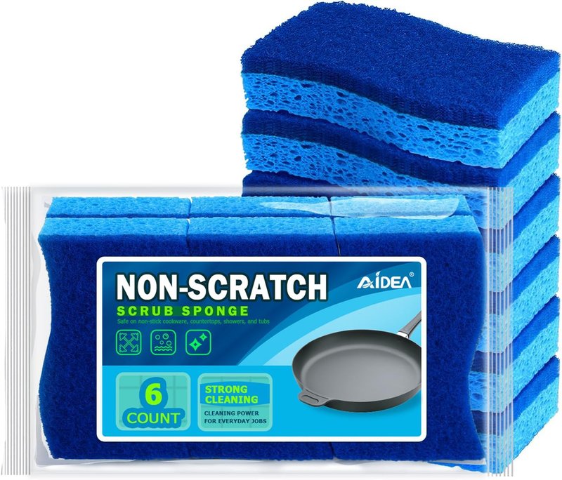 AIDEA Non-Scratch Scrub Sponges - Fast Cleaning Power for Dishes & Cookware | 6 Count