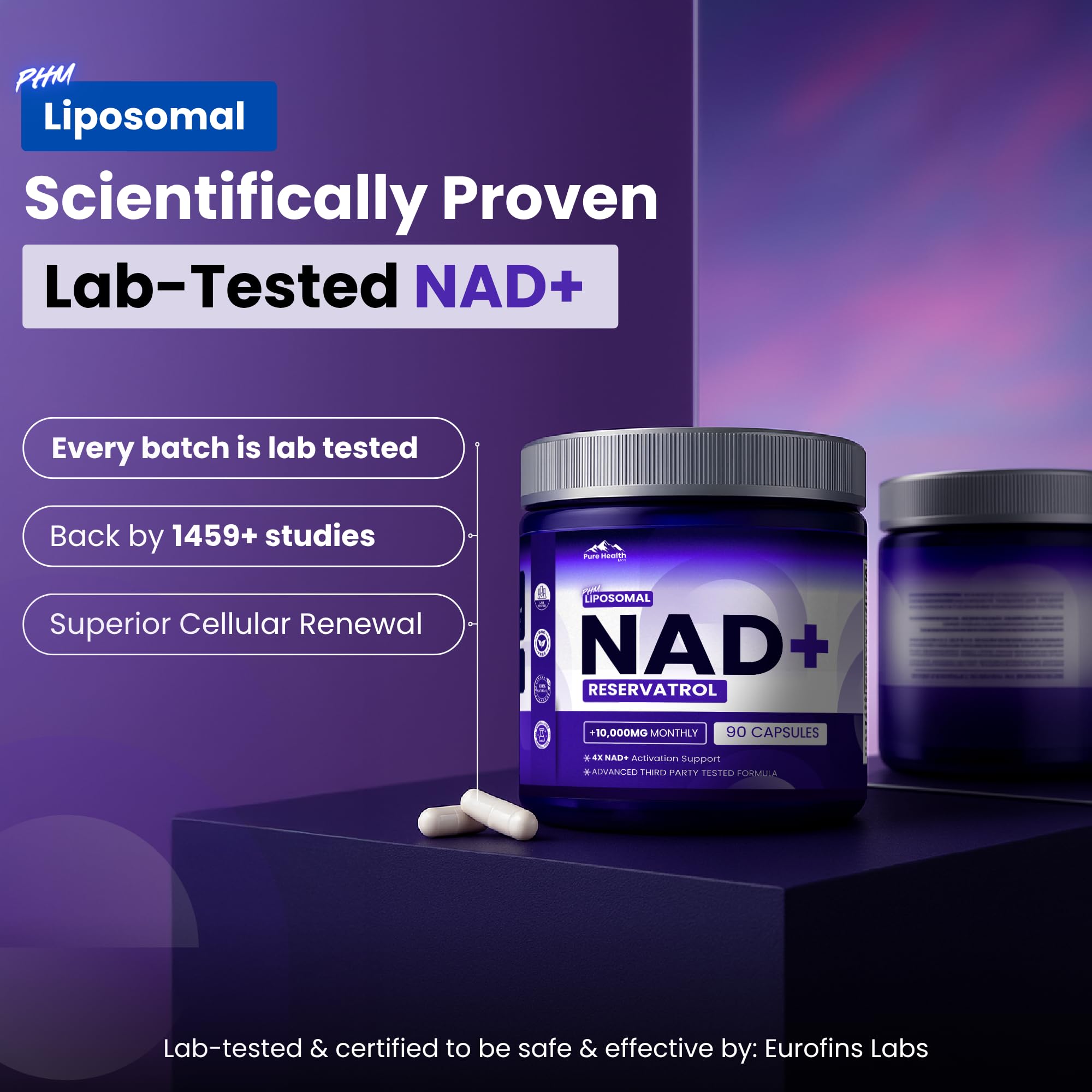 PURE HEALTH MAX PHM NAD Resveratrol Supplement - NAD+ Liposomal Supplements for Men and Women | NMN & NMNH Alternative | 90 Capsules, 1 Months Supply