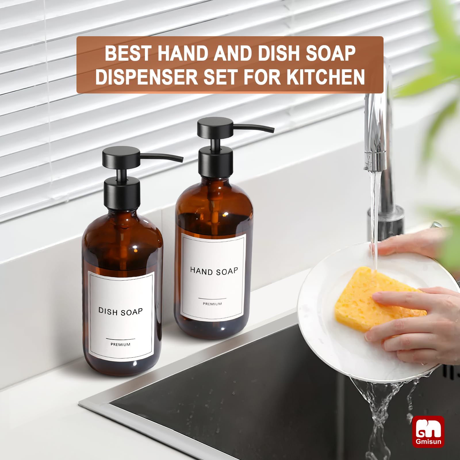 GMISUN Amber Glass Soap Dispenser, 2 Pack Bathroom Hand Soap Dispensers with Stainless Steel Flat Pump, 17 Fl Oz Kitchen Dish Soap Dispenser, Modern Vintage Liquid Brown Soap Dispensers Bottle Set