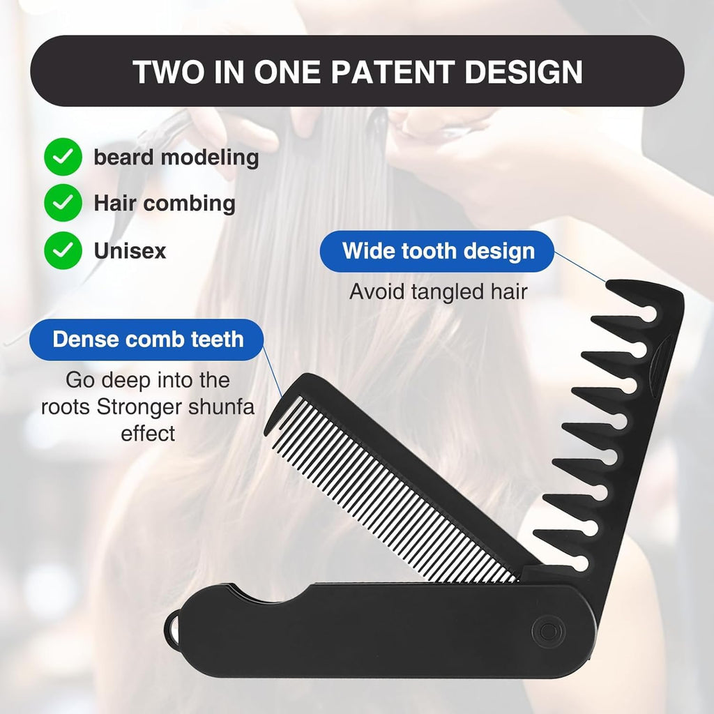 2-in-1 Folding Pocket Comb for Men - Fine Tooth & Wide Tooth Beard Combs - Flip Design Travel Comb for Hair, Mustache & Beard Grooming - Portable Styling Tool (Black)