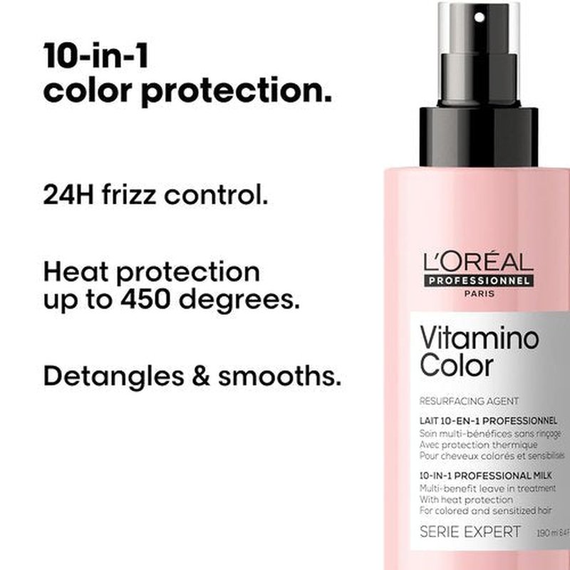 L'Oréal Professionnel Paris Vitamino Color Leave-In Spray - 10-in-1 Heat Protectant & Frizz Control for Color-Treated Hair