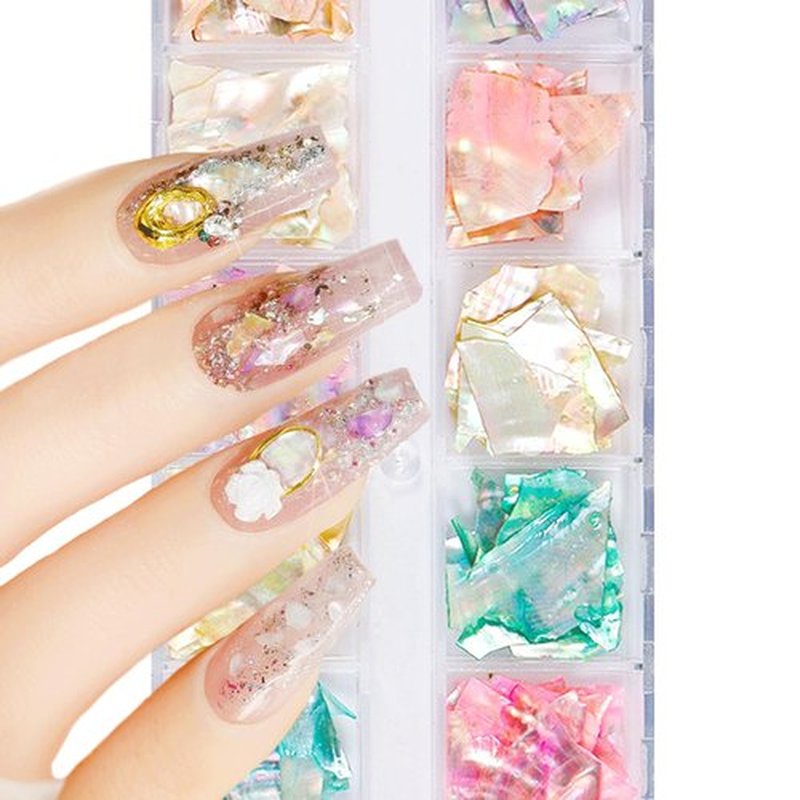 24 Grids Abalone Shell Nail Art Sequins, Aurora Ultrathin Seashell Nail Gems, Natural Color Mermaid Slices Stuff for Nail Art Decorations Accessories