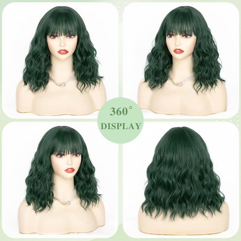 NAYOO Dark Green Wig with Bangs, 14 Inch Bob Wig with Bangs, Shoulder Length Green Short Wig for Daily Party Use