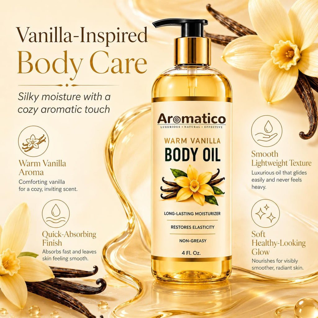 Aromatico Warm Vanilla Mini Body Oil for Women | Moisturizing After Shower Body Oil for Daily Use | Cozy, Creamy Vanilla Scent - 4 fl oz