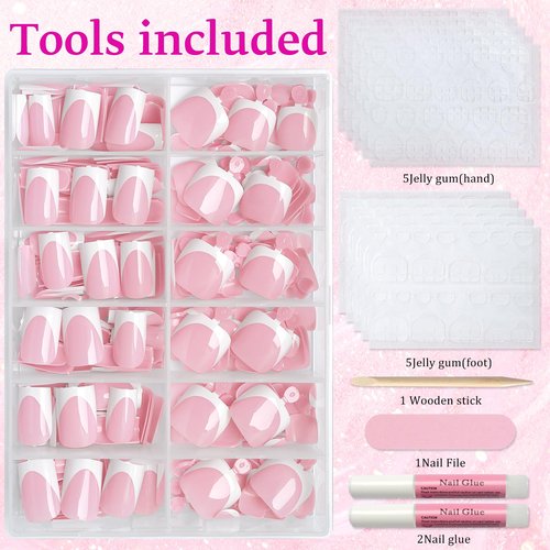 EternalClassic White French Tip Press on Nails Short & Press on Toenails for Women, 312pcs Berry Pink Fake Nails Square Acrylic Toe Nail Press ons for Women Manicure Kit